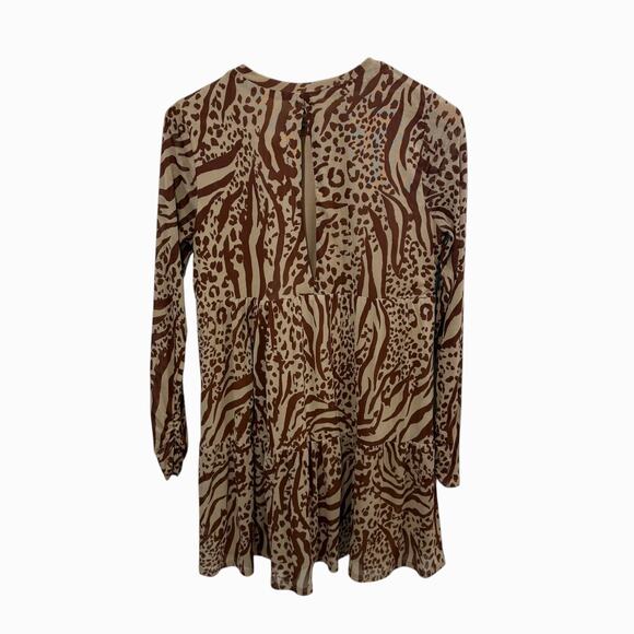 AFRM Babydoll Dress Animal Print Women's Medium Brown Long Sleeve Tiered - Picture 2 of 8